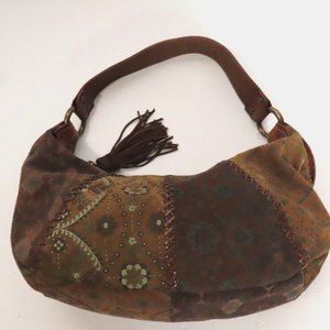 FOSSIL Boho Brown Patchwork Floral Suede Tooled Strap Leather Hobo Purse #75082